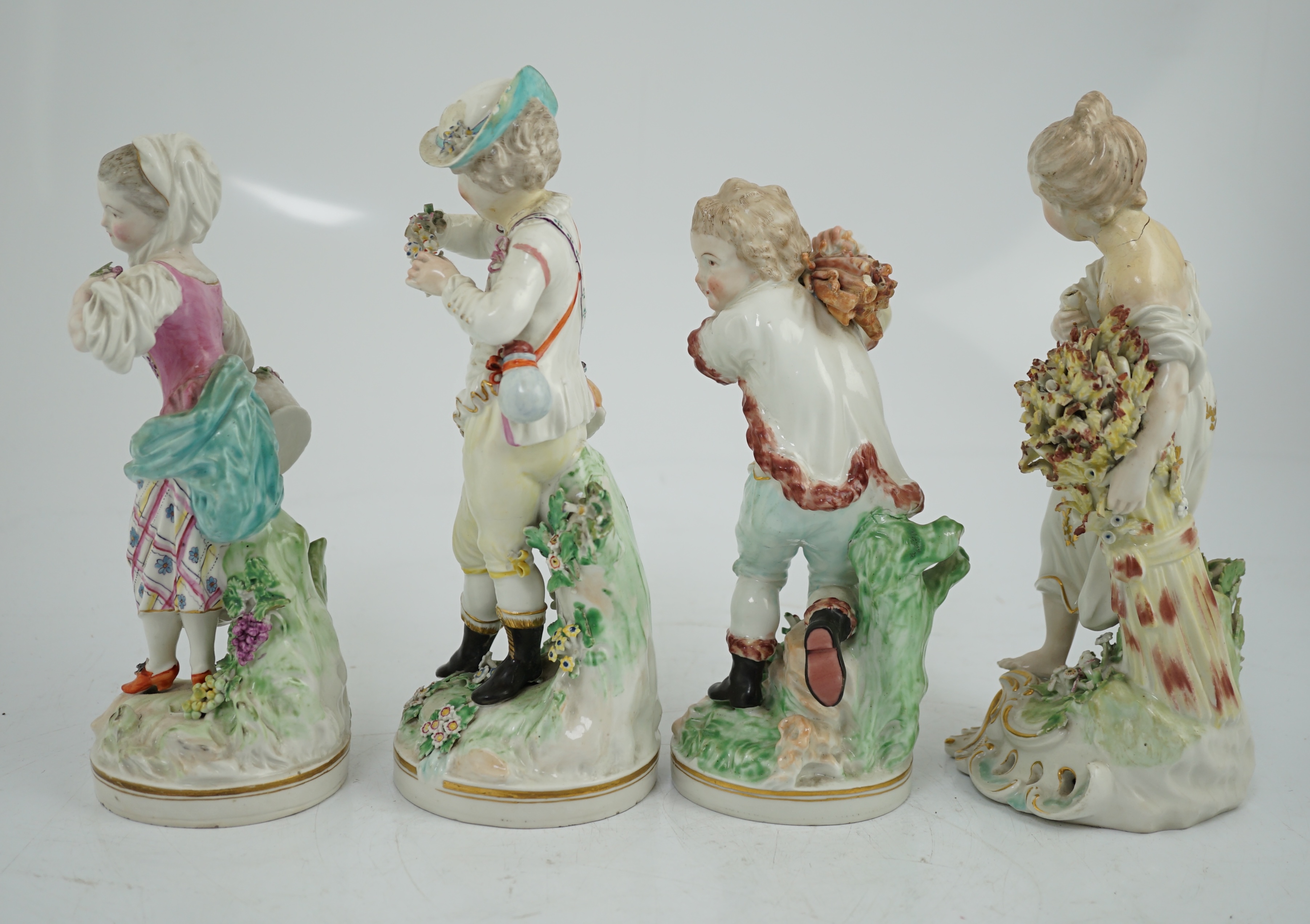 A composed set of four Derby figures emblematic of the Seasons, late 18th century, modelled by Pierre Stephan, some restoration